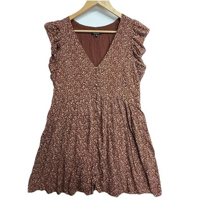 Madewell XS Floral Smocked Mini Dress Brown Ruffle Sleeve Cottagecore
