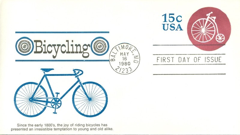 U.S. FIRST DAY COVER, 15 cent Embosed Envelope, Bicycle,  Scott #U597