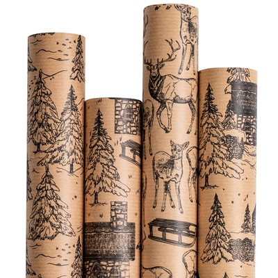 Christmas Wrapping Paper - Black Sketch Design - 4 Rolls - 30 Inches x 10 Fee...