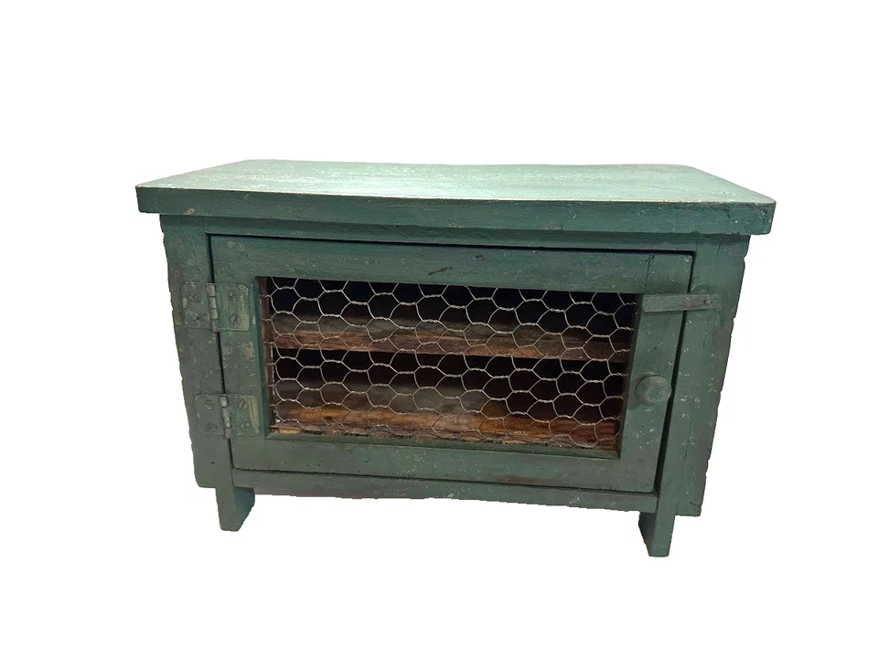 Antique 1920s Mini Pie Safe, Cupboard in Farm, Chicken Wire Door Green - Image 2 of 4