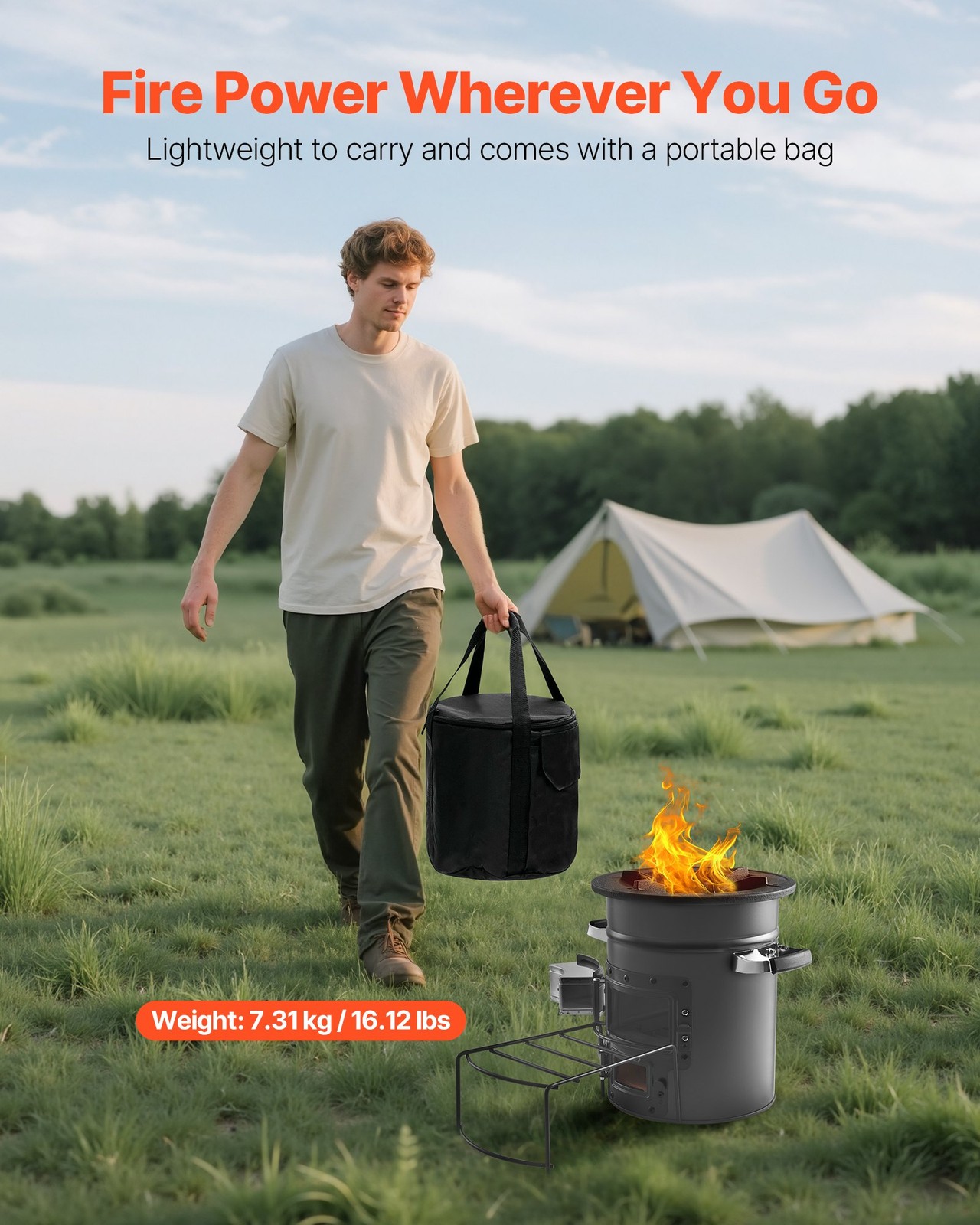 New Camping Rocket Stove, Wood Burning Portable Rocket Stove with Carrying Bag