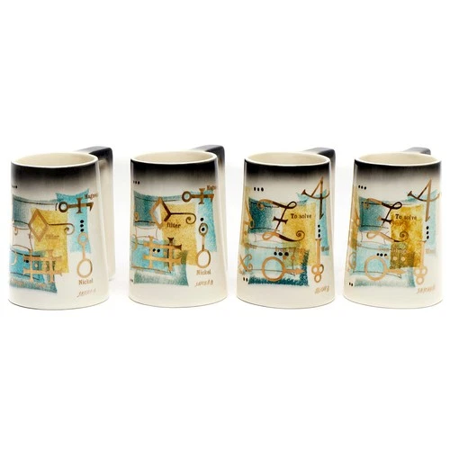 Set 4 Sascha Brastroff Tankard Mugs Hand Signed Vintage 1950s Gold Accents 14 Oz