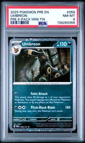 2025 POKEMON PRISMATIC EVOLUTIONS 8-PACK MINI TIN #059 UMBREON PSA 8