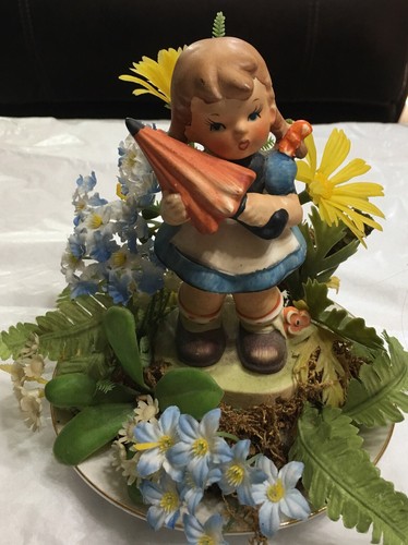 Girl In Pigtails With Orange Umbrella Vintage Figurine 5 1/4” In Dish Garden