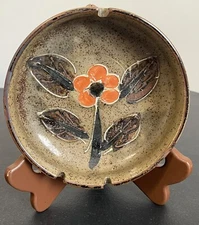 VTG Ceramic Ashtray- MCM 3 Slot Earth tone Flower Trinket Jewelry Dish Retro
