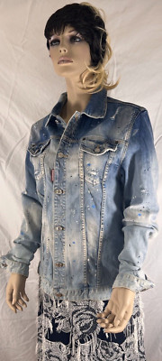 DSQUARED2 Blue Denim Acid Wash Destroyed Paint Women's Jacket Made in Italy XXL