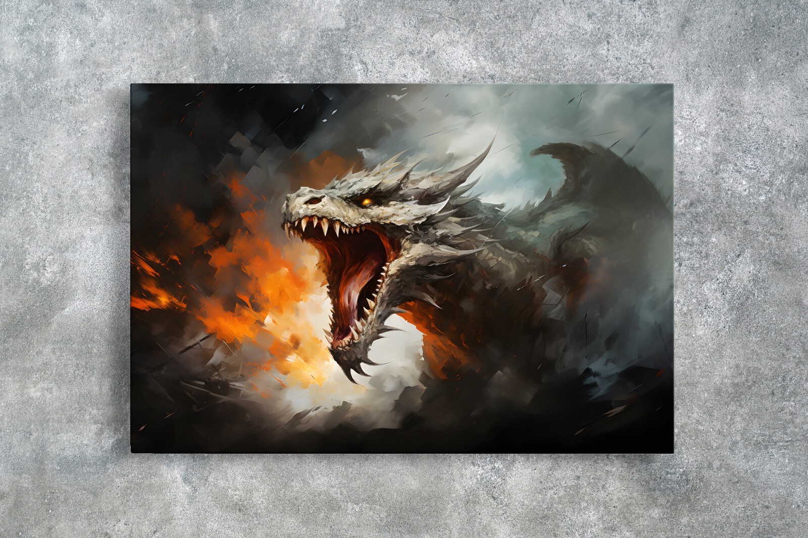 Fantasy Fire Breathing Dragon Painting Print Framed Canvas Wall Art ...