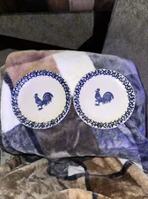 Tienshan Folkcraft Rooster Salad Plates Set Of 2 Stoneware Blue Sponge 7.5 Inch