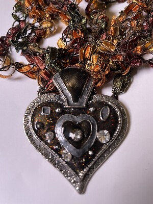 Vtg Layers If Diff Color Cloth Ribbon Material & Heart Pendant Necklace