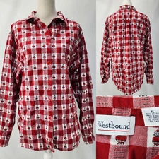 Vtg 90s Westbound Womens XL Red White Gingham Plaid Santa Long Sleeve Shirt Top