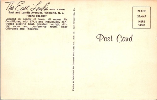 VINELAND NEW JERSEY THE EAST LANDIS HOTEL & MOTEL CARTOLINA D'EPOCA - Foto 2 di 2