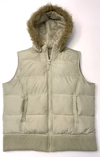 Womens Duck Down Vest Size L Quilted Puffer Hooded Faux Fur New York Classics