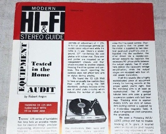THORENS TD 125 MKII TURNTABLE MODERN HI-FI & STEREO GUIDE FEB 1973 REVIEW M404