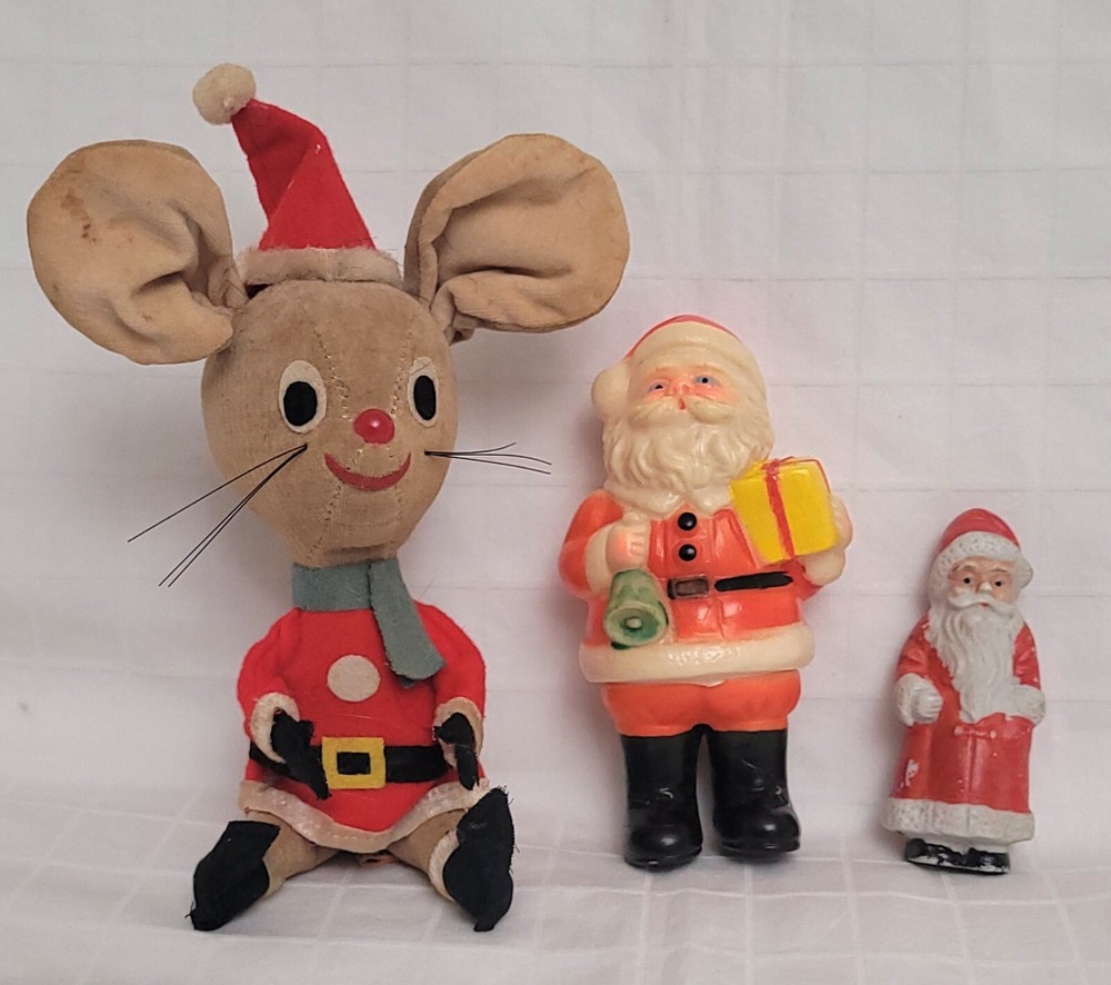 Lot 3 Vtg 50's, 70's SANTA DREAM PET, Rubber & Porcelain TOY, Figure. Pre-owned