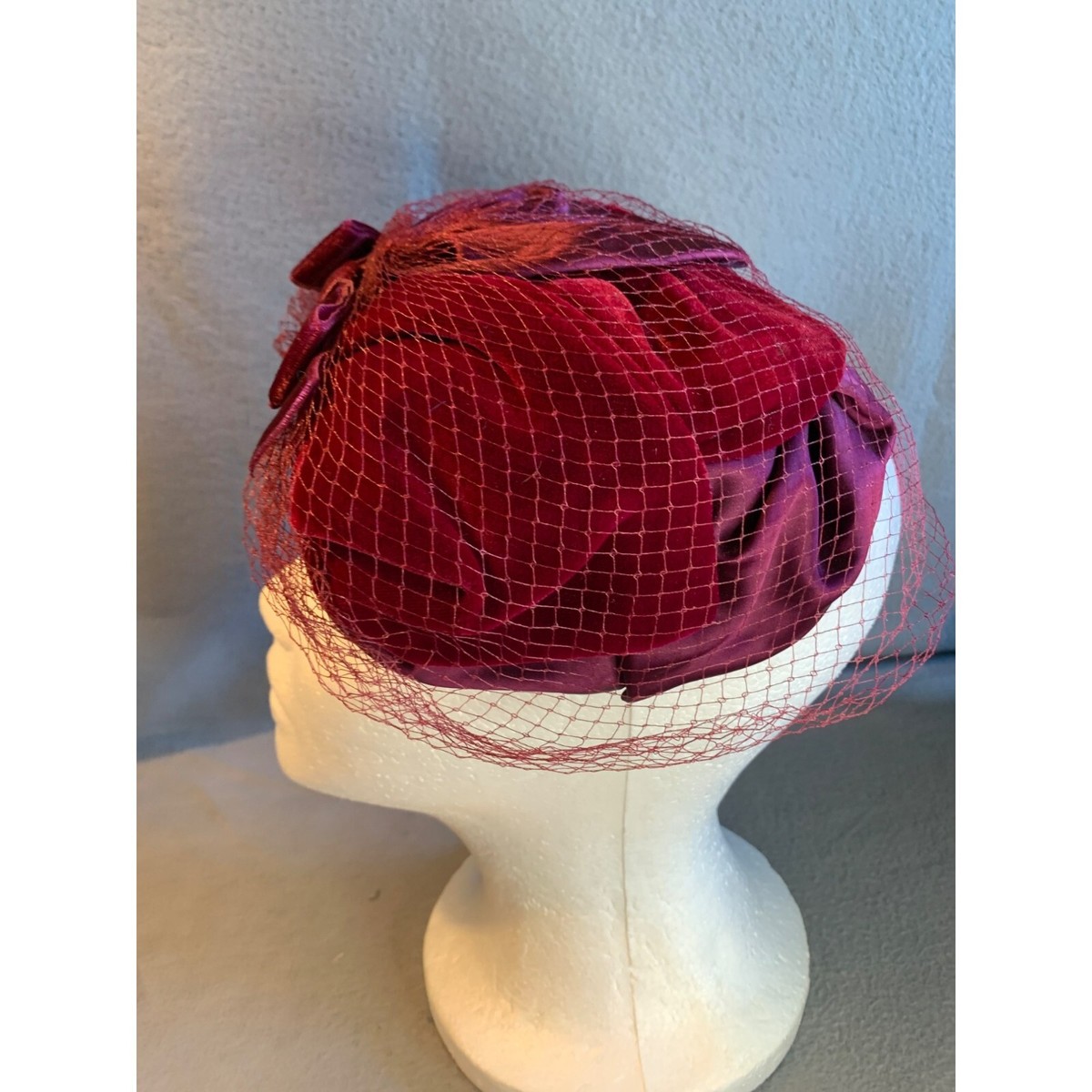 Ladies Red Velvet and Satin Hat with Netting Union Made 
