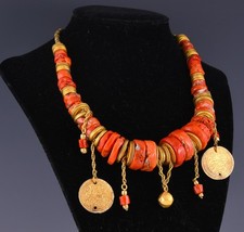 ANTIQUE MIDDLE EASTERN GOLD GILT SILVER COIN NATURAL ORANGE CORAL BEAD NECKLACE