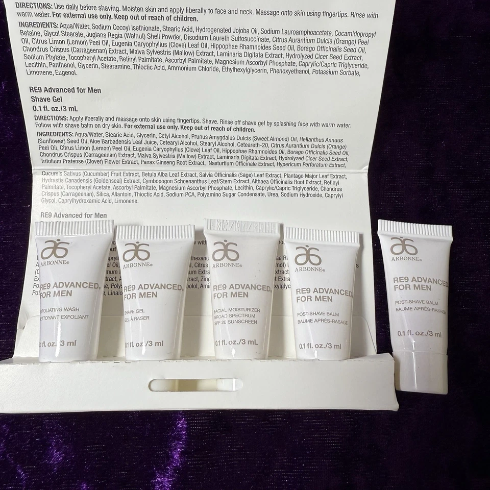 Arbonne RE9 Advanced HOMBRE Cuidado de la Piel Conjunto de Muestra MINI Viaje LOTE DE 5 Piezas .1 OZ Foto 4 de 4