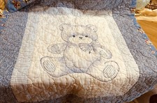 Handmade Baby Quilt Blanket Teddy Bear Patchwork Blue Sports Backing 34x34