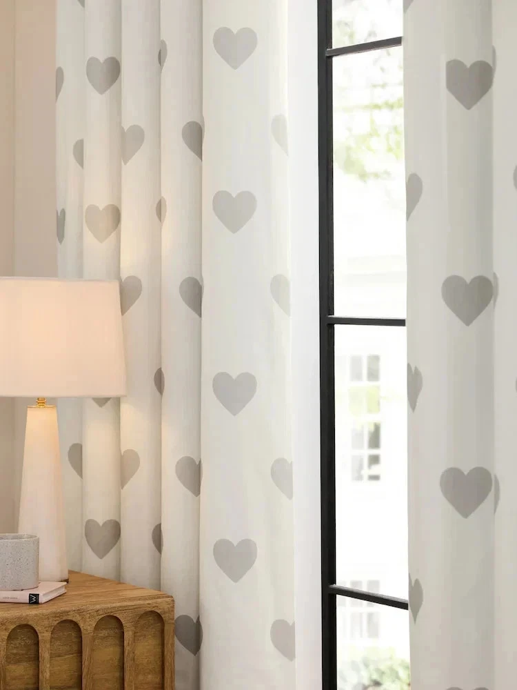 White Grey Heart Print Blackout Eyelet NEXT Curtains Pair W168 x D137cm