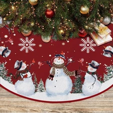 Snowman Christmas Tree Skirt 48 Inches Red Snowflake Tree Mat Holiday Decoration
