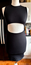 VGC Ladies BOOHOO Soft Rib RAVEN BLACK Stretchy OVAL CUT OUT FRONT Mini Dress 8