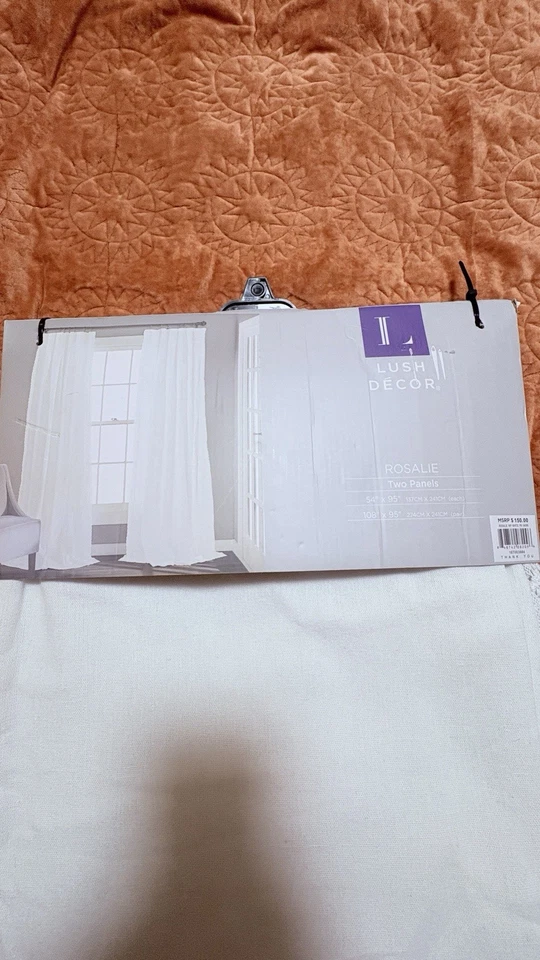 Lush Décor Rosalie Lace Trim Curtains Set 2 Panels 54x95 White Cotton Blend New - Image 2 of 4