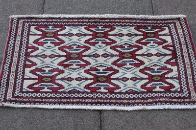 Tapis Oriental En Laine Rouge Et Blanc Fait Main Traditionnel 50x100cm - Photo 1/4