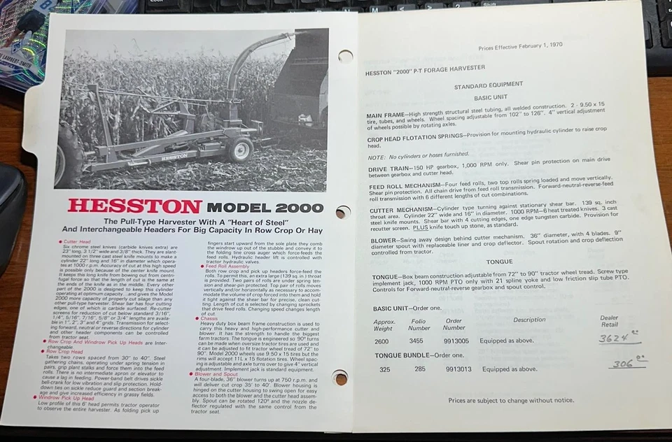1970 HESSTON 4000 Harvester Dealer Shop Salesmen Brochure Specs and Prices - Image 2 of 4