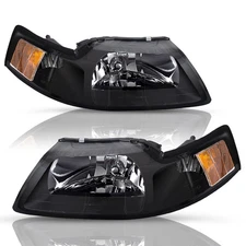 For 1999-2004 Ford Mustang SVT Black Headlights Assembly Amber Corner Lamps Set