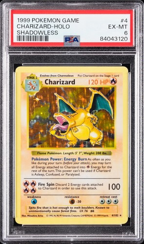 1999 POKEMON BASE SET SHADOWLESS #4 CHARIZARD-HOLO PSA 6