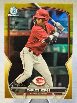   CARLOS JORGE 2023 Bowman Chrome Draft True Gold Refractor SP /50 #REDS!  