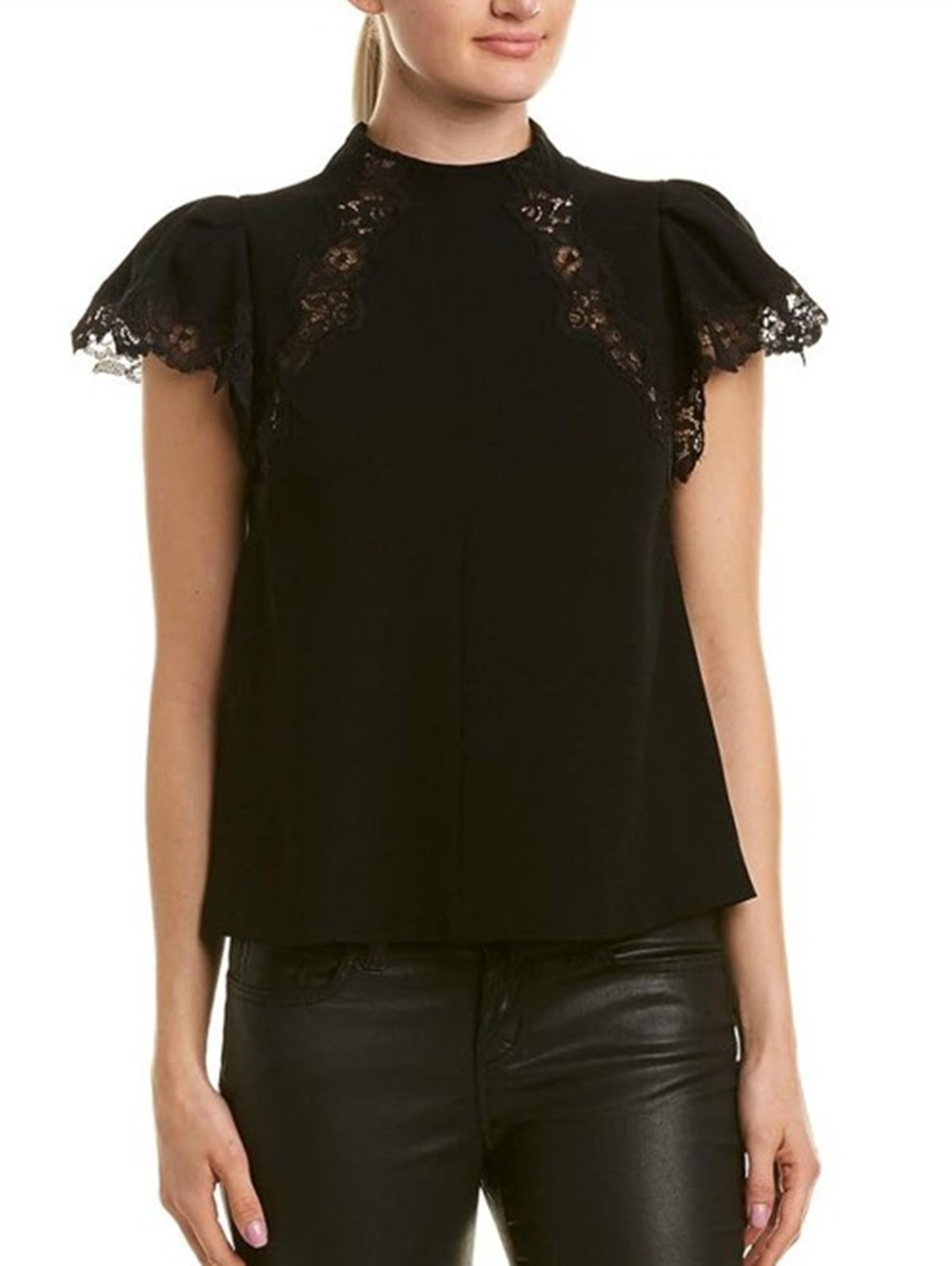 Rebecca Taylor Crepe Lace Short Sleeve Blouse Black Size 0