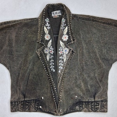 Vintage Denim Jean Jacket Womens Medium Whimsy Cottage Core Jewel Embroidery