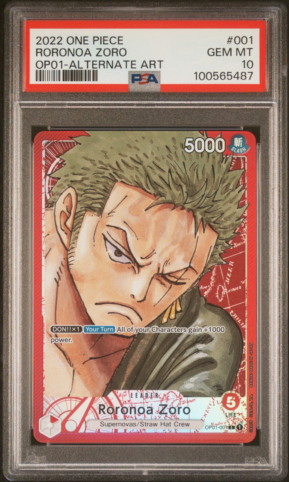 PSA 10  ENGLISH ONE PIECE TCG RORONOA ZORO OP01-001 ALT ART LEADER 2022