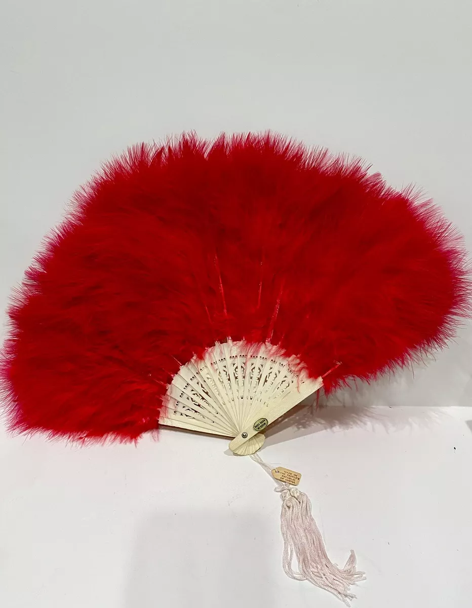 Antique Red Ostrich Feather Folding Hand Fan with Celluloid Handle 11”x18”