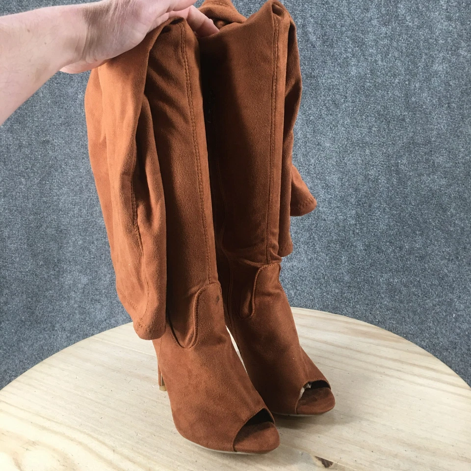 Botas altas sobre la rodilla para mujer 39 marrón gamuza tacón de aguja punta abierta cremallera Foto 3 de 4