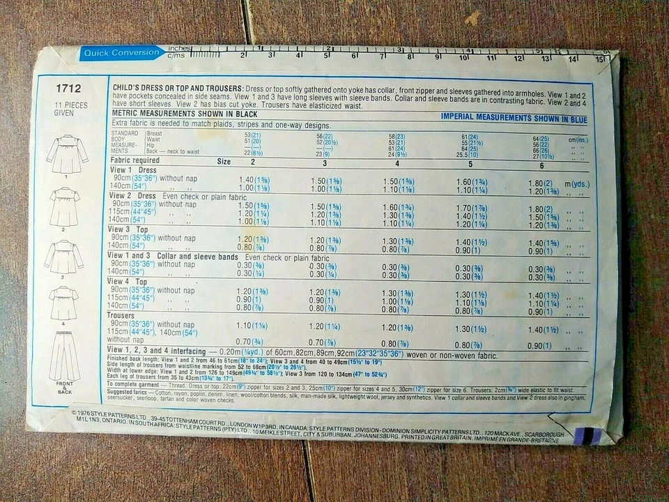 Vintage 1970s Style Girl Dress Tunic Trousers Sewing Pattern 1712 Chest 24" 61cm - Image 3 of 3