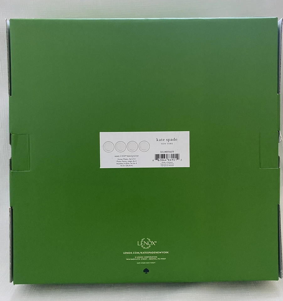 Set Of 4 KATE SPADE NEW YORK  MAKE IT POP DINNER PLATE 10.25"  Black & Gold NEW - Image 3 of 4