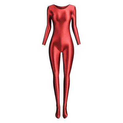 Womens Shiny Full Bodystocking Long Sleeve Glossy Seamless Yoga Bodysuit Catsuit