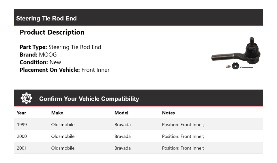 Para 1999-2001 Oldsmobile Bravada Vara de Direção Extremidade Frontal Interna MOOG 1999 2000 - Imagem 2 de 4