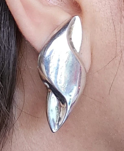 Vintage .925 Sterling Silver Clip-On Earrings Pair Taiwan Jewelry Art Deco Style