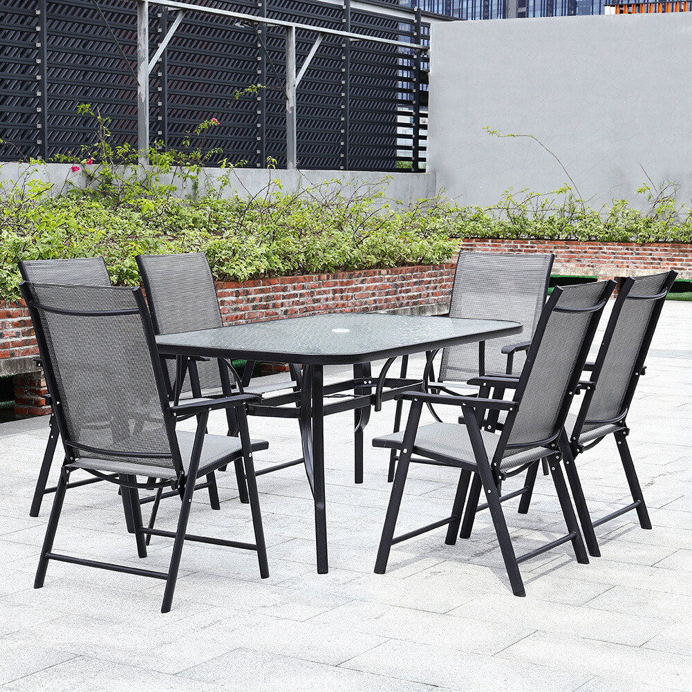 Outdoor Patio Parasol Table Dining Table & Chairs Set Garden Glass 2/4/6pcs Seat eBay