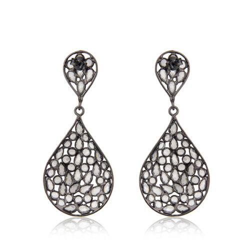 CZ Beaded Dangle Earring Black Rhodium Plated 925 Silver Gemstone Jewelry - Picture 1 of 3