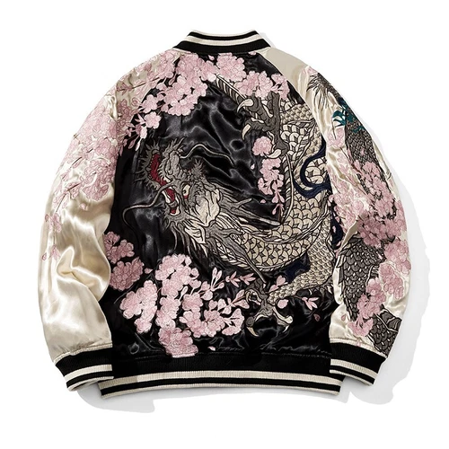 Men Souvenir Jacket Japanese Pattern Embroidery Dragon Sakura Reversible Sukajan - Picture 4 of 10