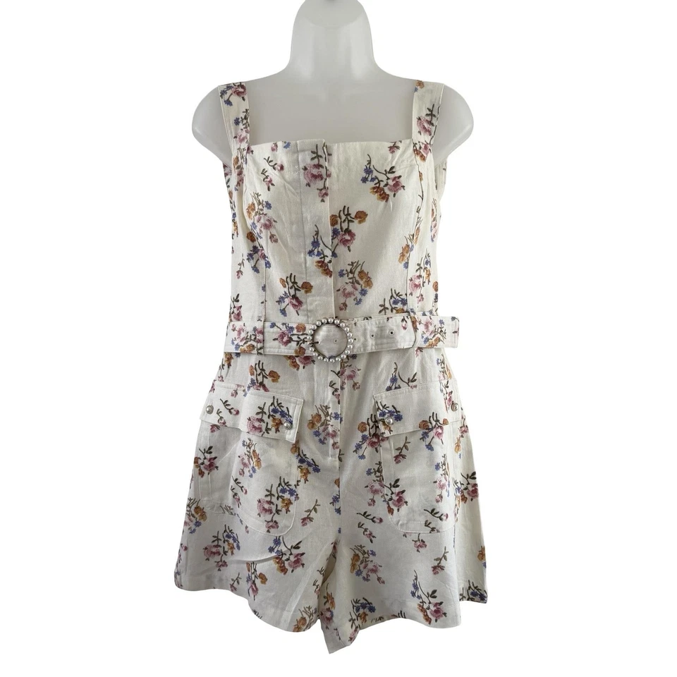 House Of Harlow 1960 Mameluco Mujer 12 Blanco Floral Cinturón Perla Hebilla Lino Foto 3 de 4