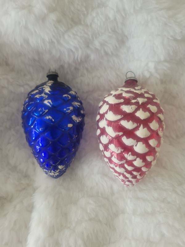2 Vintage Japan Mercury Glass red, Blue Christmas Pinecone Snow Ornament 