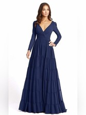 NEW IEENA for Mac Duggal 55311 Long Sleeve Navy Blue Maxi Dress Tiered V Neck 6