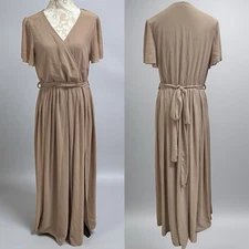 Baltic Born Taupe Maxi Dress Size L Short Sleeve Wrap Style Belted Flowy Gown