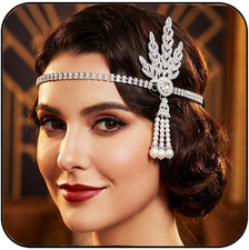 1920's Flapper Headband Leaf Rhiestones Gatsby Headpiece Pearl Headdress Flapper