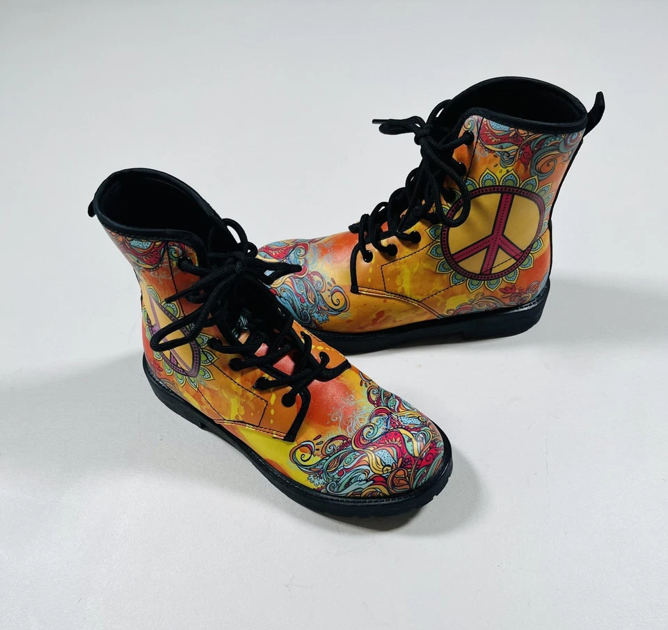 Peace Sign Combat Boots Size 5.5 EU 36 Orange Psychedelic Ankle Lace Up - Image 2 of 4